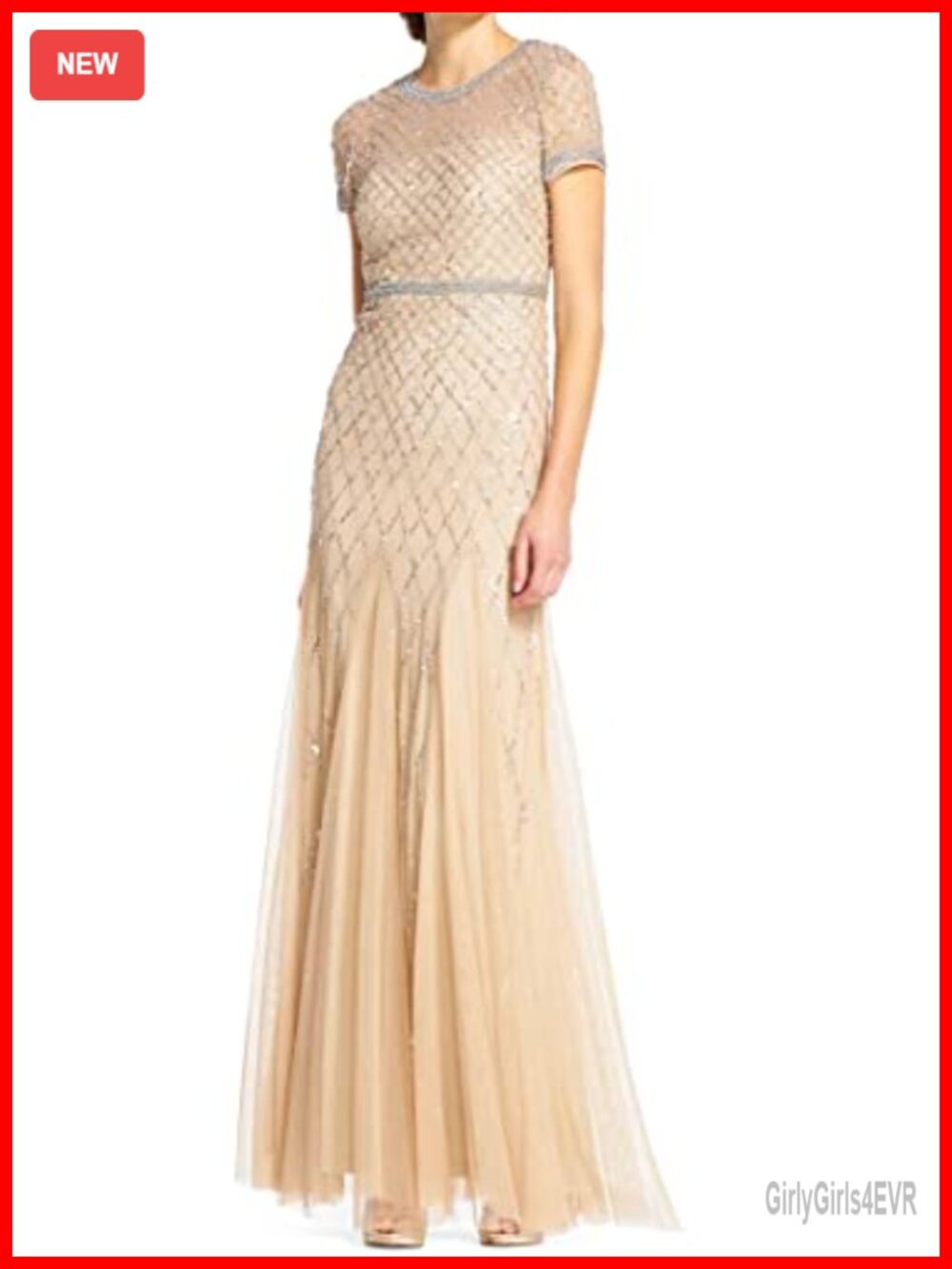 Beaded Cap Sleeve Formal Gown Lattice Pattern Godet Hem
